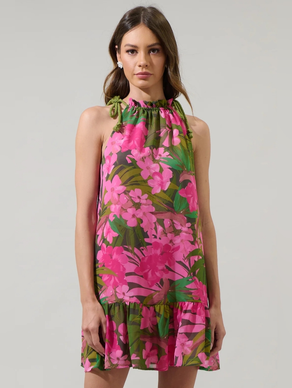 Sugarlips Pink & Green Tropical Halter Mini Dress